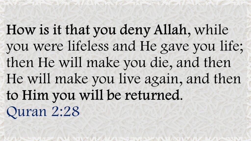 How is it that you deny Allah, while you were lifeless and He gave you life; then He will make you die, and then He will make you live again, and then to Him you will be returned. Quran 2:28