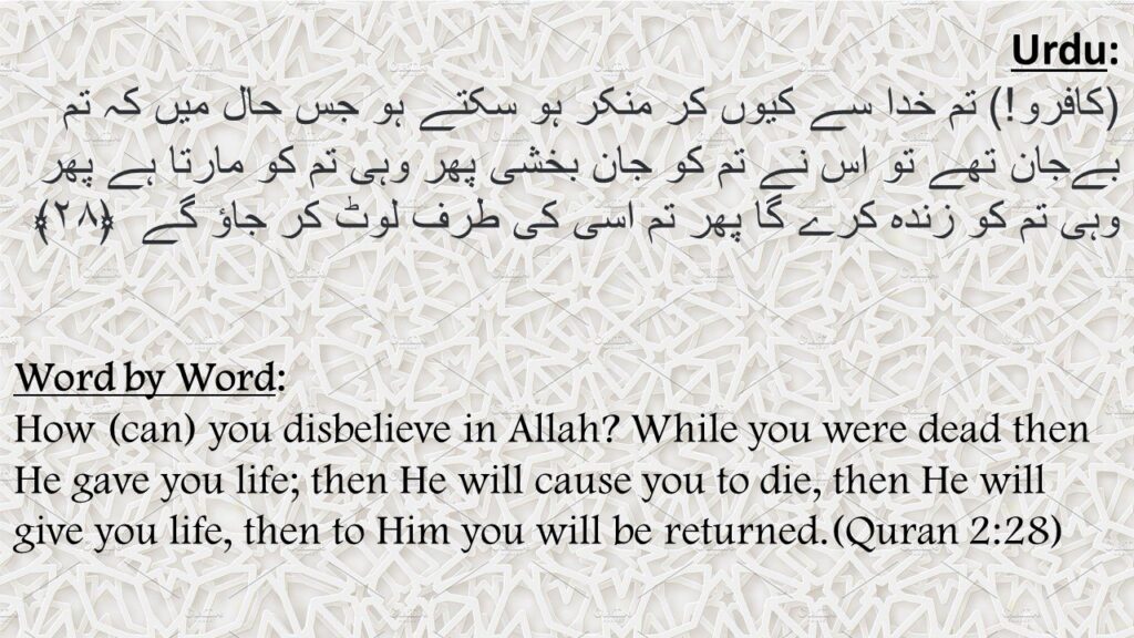 (کافرو!) تم خدا سے کیوں کر منکر ہو سکتے ہو جس حال میں کہ تم بےجان تھے تو اس نے تم کو جان بخشی پھر وہی تم کو مارتا ہے پھر وہی تم کو زندہ کرے گا پھر تم اسی کی طرف لوٹ کر جاؤ گے  ﴿۲۸﴾

How (can) you disbelieve in Allah? While you were dead then He gave you life; then He will cause you to die, then He will give you life, then to Him you will be returned.(Quran 2:28)
