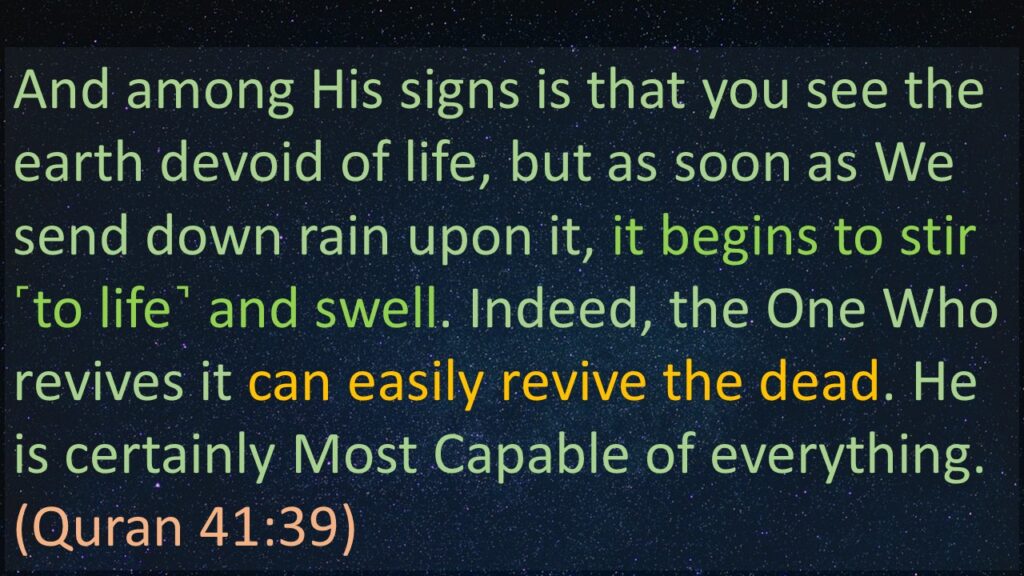 And among His signs is that you see the earth devoid of life, but as soon as We send down rain upon it, it begins to stir ˹to life˺ and swell. Indeed, the One Who revives it can easily revive the dead. He is certainly Most Capable of everything.
(Quran 41:39) 