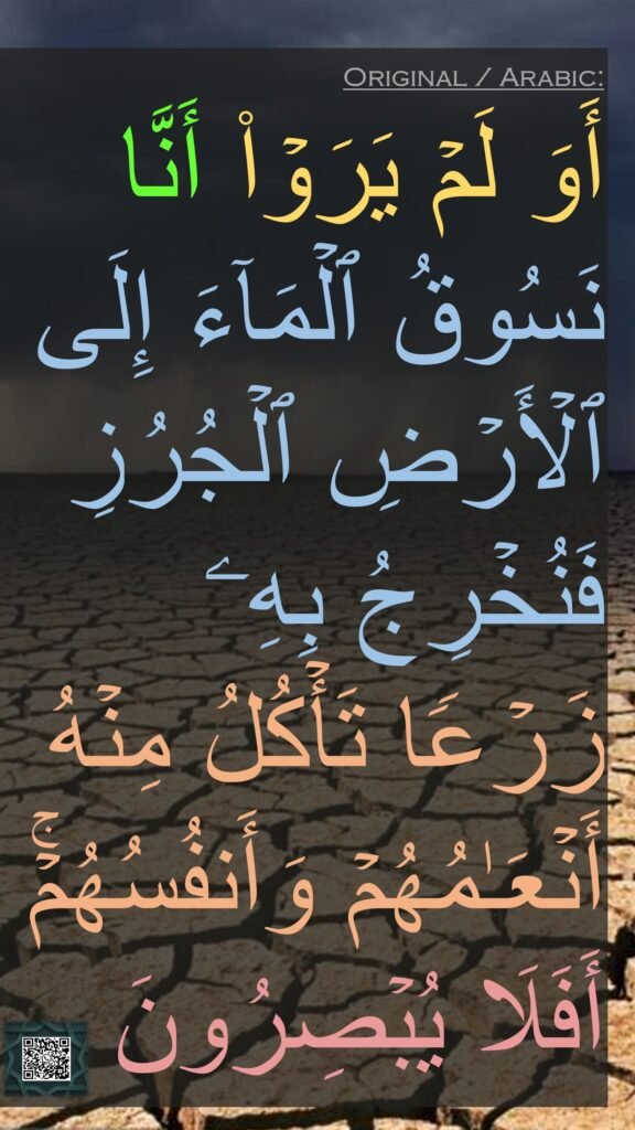 أَوَلَمْ يَرَوْا۟ أَنَّا نَسُوقُ ٱلْمَآءَ إِلَى ٱلْأَرْضِ ٱلْجُرُزِ فَنُخْرِجُ بِهِۦ زَرْعًۭا تَأْكُلُ مِنْهُ أَنْعَمُهُمْ وَأَنفُسُهُمْ ۖ أَفَلَا يُبْصِرُونَ

awalam yaraw annā nasūqu l-māa ilā l-arḍi l-juruzi fanukh'riju bihi zarʿan takulu min'hu anʿāmuhum wa-anfusuhum afalā yub'ṣirūn
