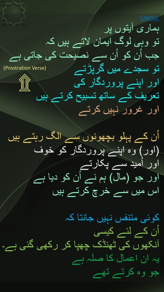 ہماری آیتوں پر 
تو وہی لوگ ایمان لاتے ہیں کہ 
جب اُن کو اُن سے نصیحت کی جاتی ہے 
تو سجدے میں گرپڑتے 
اور اپنے پروردگار کی 
تعریف کے ساتھ تسبیح کرتے ہیں 
اور غرور نہیں کرتے 

اُن کے پہلو بچھونوں سے الگ رہتے ہیں 
(اور) وہ اپنے پروردگار کو خوف 
اور اُمید سے پکارتے 
اور جو (مال) ہم نے اُن کو دیا ہے 
اس میں سے خرچ کرتے ہیں 

کوئی متنفس نہیں جانتا کہ 
اُن کے لئے کیسی 
آنکھوں کی ٹھنڈک چھپا کر رکھی گئی ہے۔ 
یہ ان اعمال کا صلہ ہے 
جو وہ کرتے تھے
