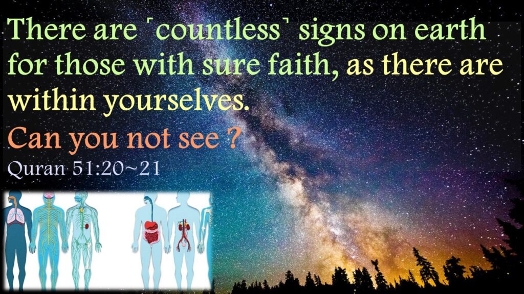 There are ˹countless˺ signs on earth for those with sure faith, as there are within yourselves. Can you not see ? Quran 51:20~21