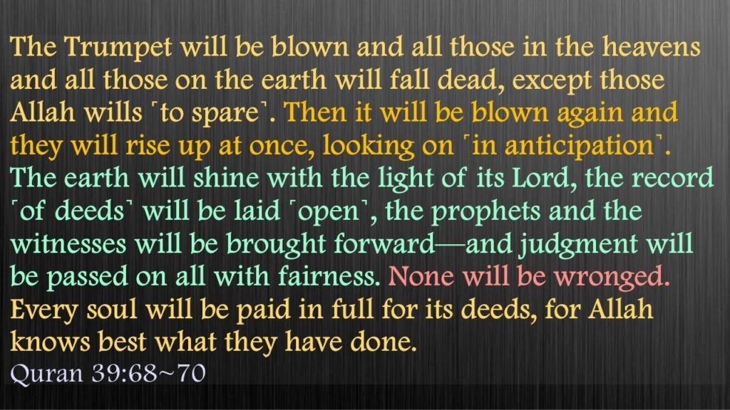 The Trumpet will be blown and all those in the heavens and all those on the earth will fall dead, except those Allah wills ˹to spare˺. Then it will be blown again and they will rise up at once, looking on ˹in anticipation˺.The earth will shine with the light of its Lord, the record ˹of deeds˺ will be laid ˹open˺, the prophets and the witnesses will be brought forward—and judgment will be passed on all with fairness. None will be wronged.Every soul will be paid in full for its deeds, for Allah knows best what they have done.Quran 39:68~70