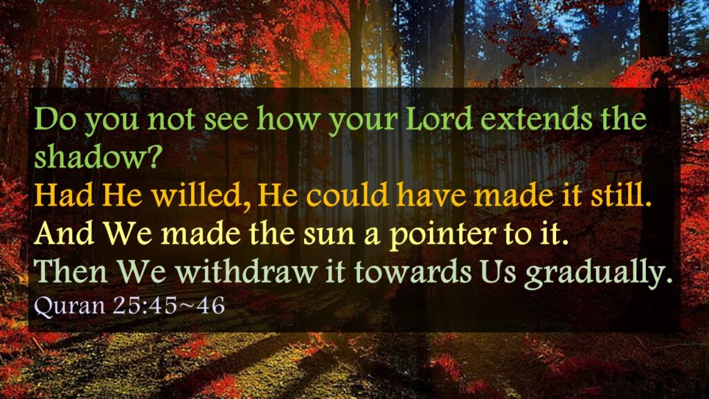 Do you not see how your Lord extends the shadow?  Had He willed, He could have made it still.  And We made the sun a pointer to it. Then We withdraw it towards Us gradually. Quran 25:45~46