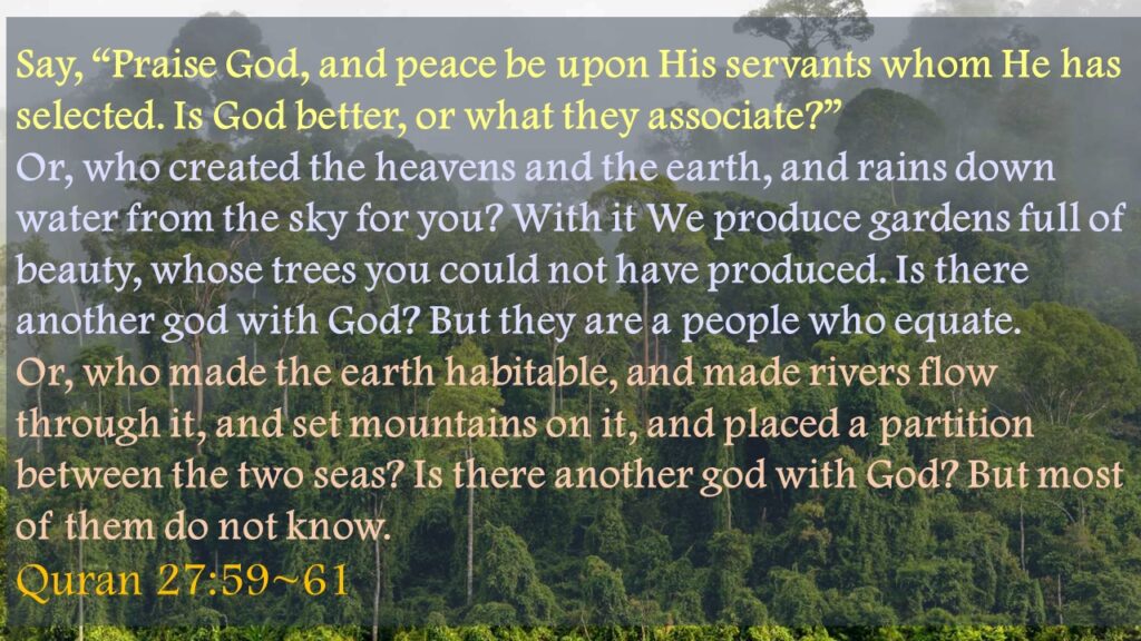 Say, “Praise God, and peace be upon His servants whom He has selected. Is God better, or what they associate?”Or, who created the heavens and the earth, and rains down water from the sky for you? With it We produce gardens full of beauty, whose trees you could not have produced. Is there another god with God? But they are a people who equate.Or, who made the earth habitable, and made rivers flow through it, and set mountains on it, and placed a partition between the two seas? Is there another god with God? But most of them do not know.Quran 27:59~61