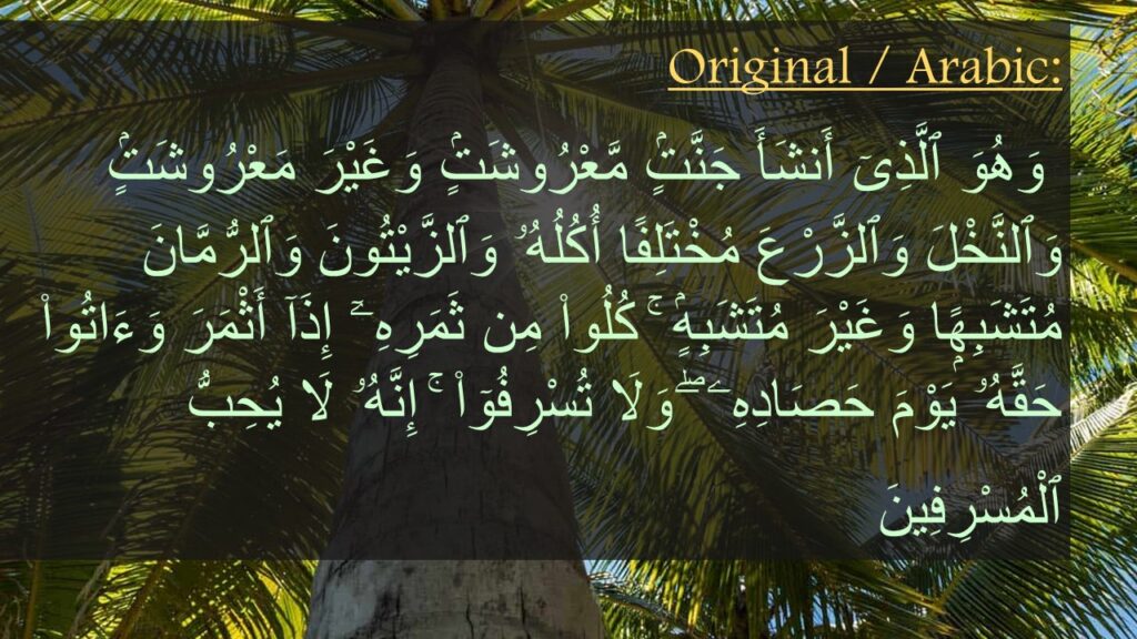 وَهُوَ ٱلَّذِىٓ أَنشَأَ جَنَّتٍۢ مَّعْرُوشَتٍۢ وَغَيْرَ مَعْرُوشَتٍۢ وَٱلنَّخْلَ وَٱلزَّرْعَ مُخْتَلِفًا أُكُلُهُۥ وَٱلزَّيْتُونَ وَٱلرُّمَّانَ مُتَشَبِهًۭا وَغَيْرَ مُتَشَبِهٍۢ ۚ كُلُوا۟ مِن ثَمَرِهِۦٓ إِذَآ أَثْمَرَ وَءَاتُوا۟ حَقَّهُۥ يَوْمَ حَصَادِهِۦ ۖ وَلَا تُسْرِفُوٓا۟ ۚ إِنَّهُۥ لَا يُحِبُّ ٱلْمُسْرِفِينَ