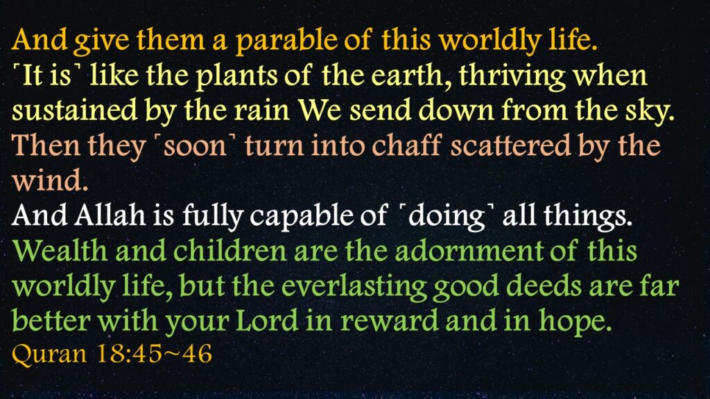 And give them a parable of this worldly life. ˹It is˺ like the plants of the earth, thriving when sustained by the rain We send down from the sky. Then they ˹soon˺ turn into chaff scattered by the wind. And Allah is fully capable of ˹doing˺ all things.Wealth and children are the adornment of this worldly life, but the everlasting good deeds are far better with your Lord in reward and in hope.Quran 18:45~46