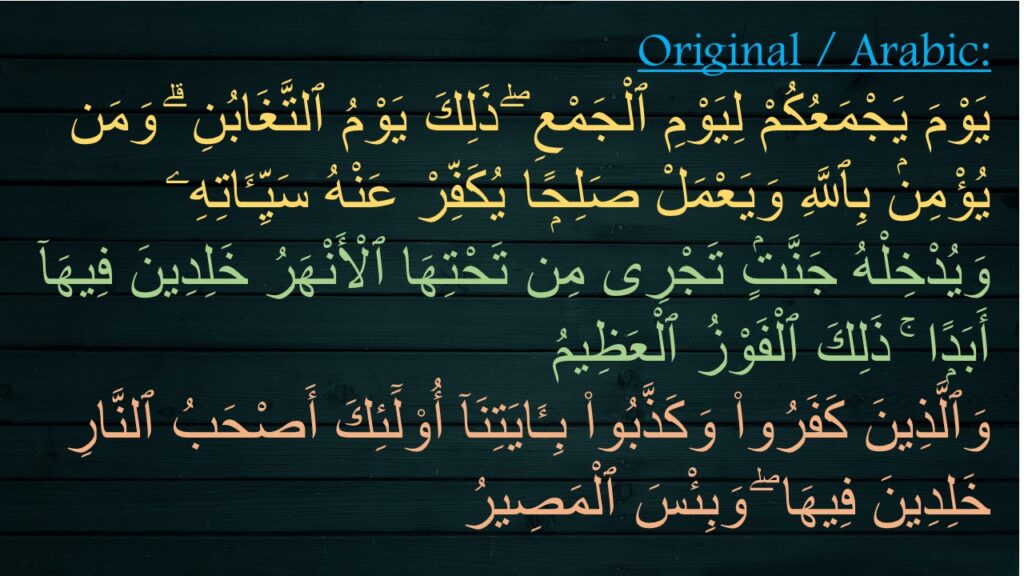 يَوْمَ يَجْمَعُكُمْ لِيَوْمِ ٱلْجَمْعِ ۖ ذَلِكَ يَوْمُ ٱلتَّغَابُنِ ۗ وَمَن يُؤْمِنۢ بِٱللَّهِ وَيَعْمَلْ صَلِحًۭا يُكَفِّرْ عَنْهُ سَيِّـَٔاتِهِۦ وَيُدْخِلْهُ جَنَّتٍۢ تَجْرِى مِن تَحْتِهَا ٱلْأَنْهَرُ خَلِدِينَ فِيهَآ أَبَدًۭا ۚ ذَلِكَ ٱلْفَوْزُ ٱلْعَظِيمُ ‎
‏وَٱلَّذِينَ كَفَرُوا۟ وَكَذَّبُوا۟ بِـَٔايَتِنَآ أُو۟لَٓئِكَ أَصْحَبُ ٱلنَّارِ خَلِدِينَ فِيهَا ۖ وَبِئْسَ ٱلْمَصِيرُ 