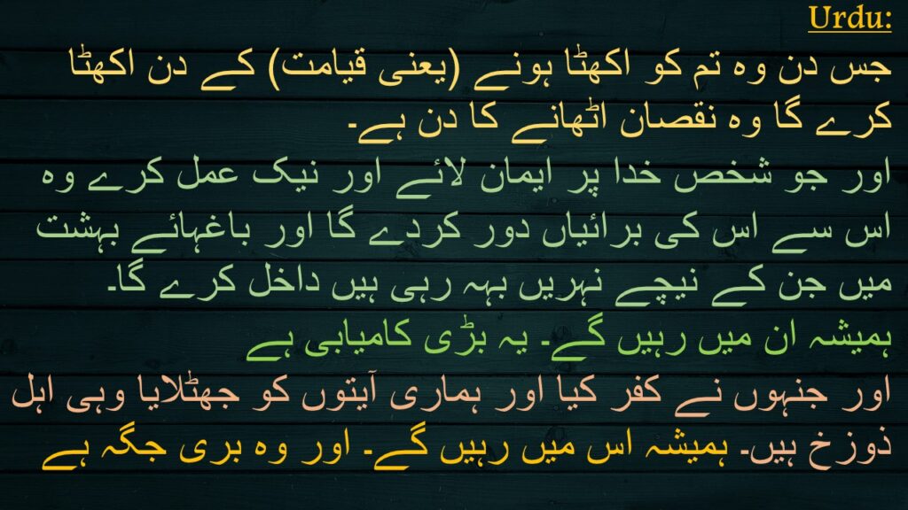 جس دن وہ تم کو اکھٹا ہونے (یعنی قیامت) کے دن اکھٹا کرے گا وہ نقصان اٹھانے کا دن ہے۔ 
اور جو شخص خدا پر ایمان لائے اور نیک عمل کرے وہ اس سے اس کی برائیاں دور کردے گا اور باغہائے بہشت میں جن کے نیچے نہریں بہہ رہی ہیں داخل کرے گا۔ 
ہمیشہ ان میں رہیں گے۔ یہ بڑی کامیابی ہے 
اور جنہوں نے کفر کیا اور ہماری آیتوں کو جھٹلایا وہی اہل ذوزخ ہیں۔ ہمیشہ اس میں رہیں گے۔ اور وہ بری جگہ ہے
