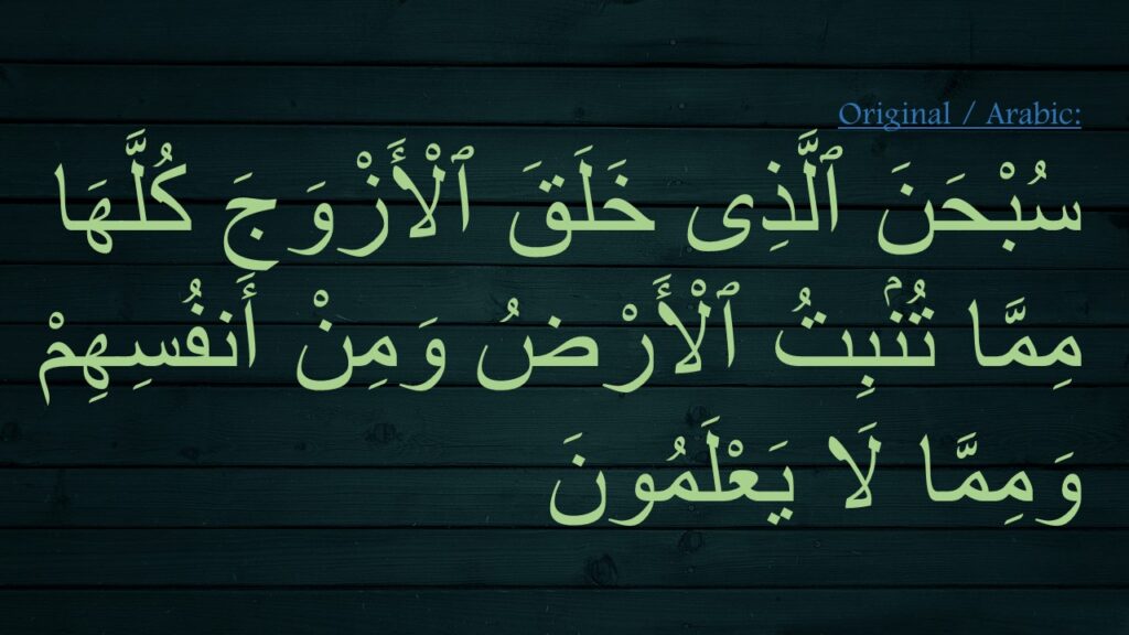 سُبْحَنَ ٱلَّذِى خَلَقَ ٱلْأَزْوَجَ كُلَّهَا مِمَّا تُنۢبِتُ ٱلْأَرْضُ وَمِنْ أَنفُسِهِمْ وَمِمَّا لَا يَعْلَمُونَ 