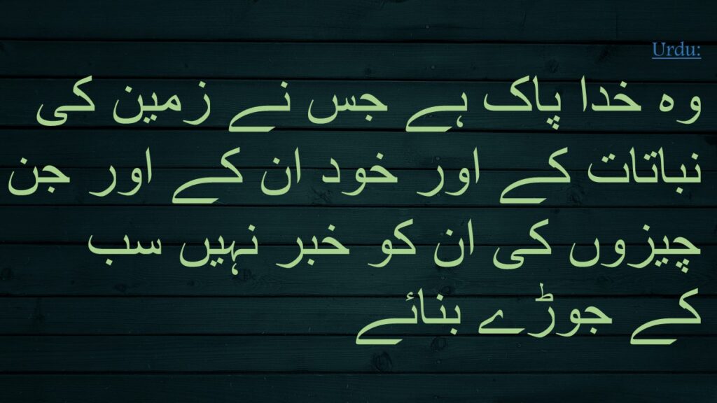 وہ خدا پاک ہے جس نے زمین کی نباتات کے اور خود ان کے اور جن چیزوں کی ان کو خبر نہیں سب کے جوڑے بنائے
