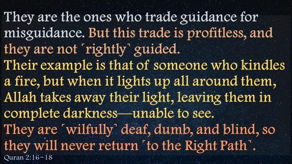 They are the ones who trade guidance for misguidance. But this trade is profitless, and they are not ˹rightly˺ guided.Their example is that of someone who kindles a fire, but when it lights up all around them, Allah takes away their light, leaving them in complete darkness—unable to see.They are ˹wilfully˺ deaf, dumb, and blind, so they will never return ˹to the Right Path˺. 