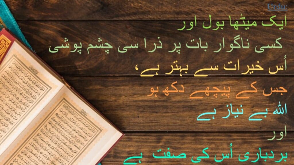 ایک میٹھا بول اور
 کسی ناگوار بات پر ذرا سی چشم پوشی 
اُس خیرات سے بہتر ہے، 
جس کے پیچھے دکھ ہو 
اللہ بے نیاز ہے 
اور 
بردباری اُس کی صفت  ہے
