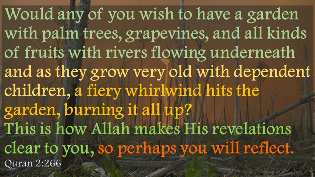 Would any of you wish to have a garden with palm trees, grapevines, and all kinds of fruits with rivers flowing underneath and as they grow very old with dependent children, a fiery whirlwind hits the garden, burning it all up? This is how Allah makes His revelations clear to you, so perhaps you will reflect. Quran 2:266