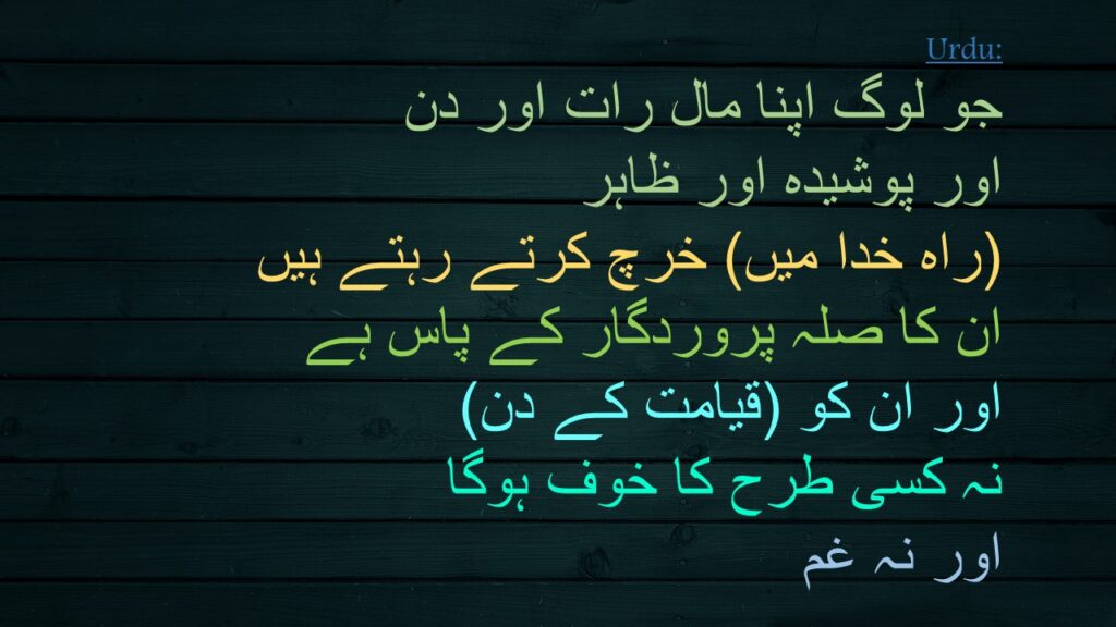 جو لوگ اپنا مال رات اور دن 
اور پوشیدہ اور ظاہر 
(راہ خدا میں) خرچ کرتے رہتے ہیں 
ان کا صلہ پروردگار کے پاس ہے 
اور ان کو (قیامت کے دن) 
نہ کسی طرح کا خوف ہوگا 
اور نہ غم
