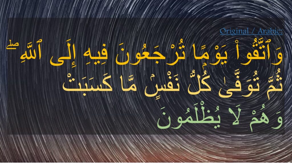 وَٱتَّقُوا۟ يَوْمًۭا تُرْجَعُونَ فِيهِ إِلَى ٱللَّهِ ۖ ثُمَّ تُوَفَّىٰ كُلُّ نَفْسٍۢ مَّا كَسَبَتْ 
وَهُمْ لَا يُظْلَمُونَ 