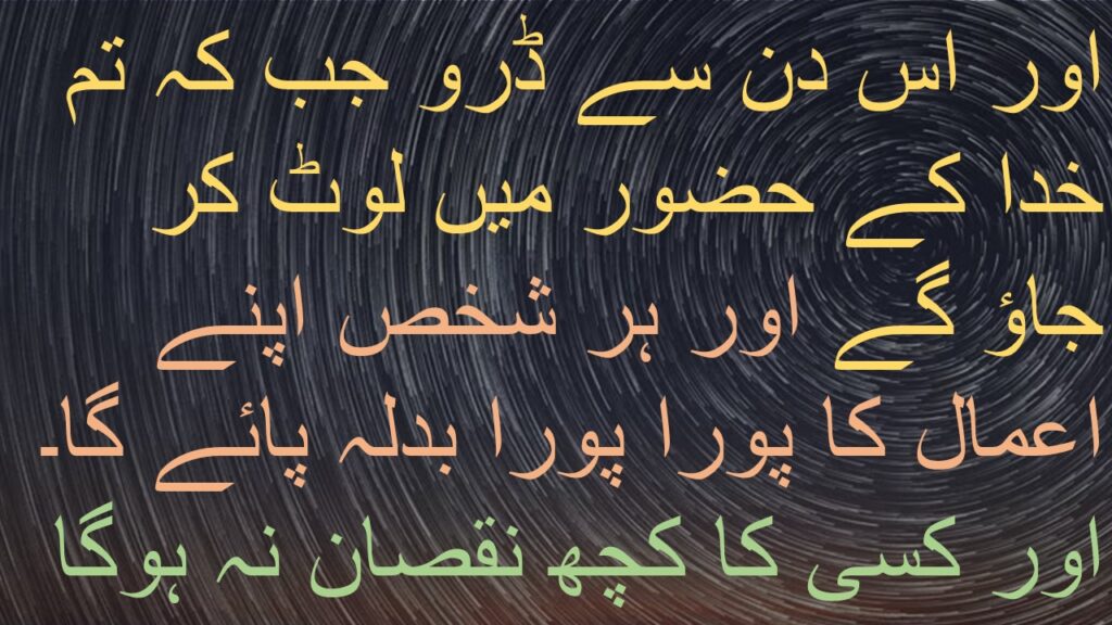 اور اس دن سے ڈرو جب کہ تم خدا کے حضور میں لوٹ کر جاؤ گے اور ہر شخص اپنے اعمال کا پورا پورا بدلہ پائے گا۔ اور کسی کا کچھ نقصان نہ ہوگا 
