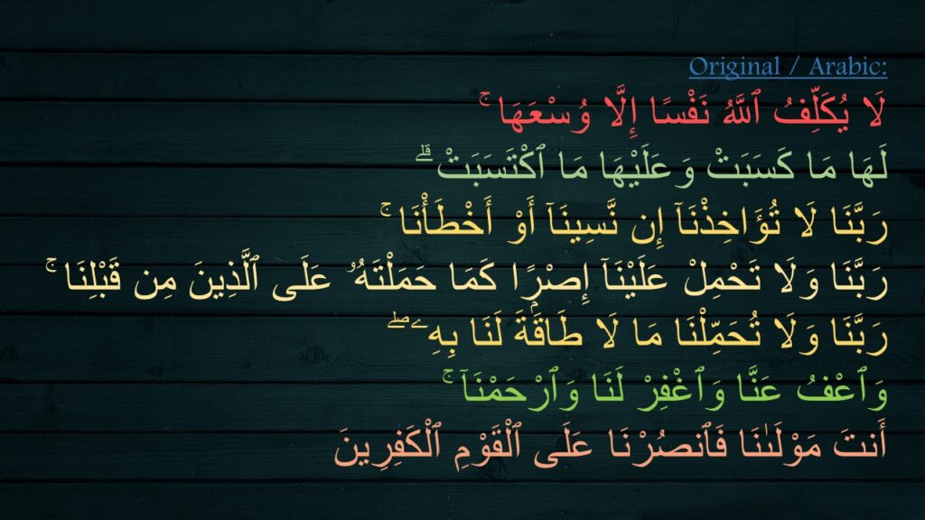 لَا يُكَلِّفُ ٱللَّهُ نَفْسًا إِلَّا وُسْعَهَا ۚ 
لَهَا مَا كَسَبَتْ وَعَلَيْهَا مَا ٱكْتَسَبَتْ ۗ 
رَبَّنَا لَا تُؤَاخِذْنَآ إِن نَّسِينَآ أَوْ أَخْطَأْنَا ۚ 
رَبَّنَا وَلَا تَحْمِلْ عَلَيْنَآ إِصْرًۭا كَمَا حَمَلْتَهُۥ عَلَى ٱلَّذِينَ مِن قَبْلِنَا ۚ 
رَبَّنَا وَلَا تُحَمِّلْنَا مَا لَا طَاقَةَ لَنَا بِهِۦ ۖ 
وَٱعْفُ عَنَّا وَٱغْفِرْ لَنَا وَٱرْحَمْنَآ ۚ 
أَنتَ مَوْلَىٰنَا فَٱنصُرْنَا عَلَى ٱلْقَوْمِ ٱلْكَفِرِينَ 