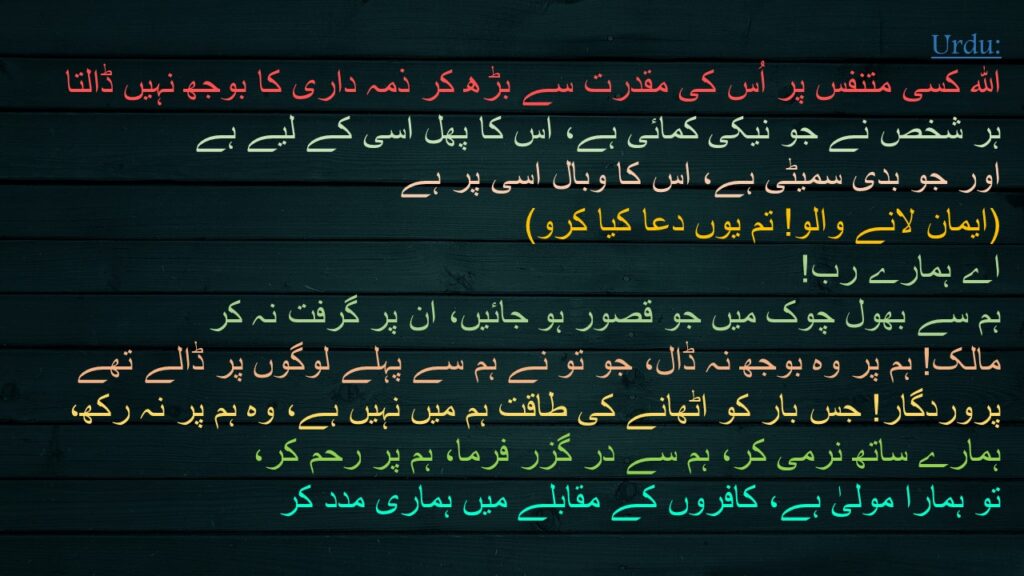 اللہ کسی متنفس پر اُس کی مقدرت سے بڑھ کر ذمہ داری کا بوجھ نہیں ڈالتا 
ہر شخص نے جو نیکی کمائی ہے، اس کا پھل اسی کے لیے ہے 
اور جو بدی سمیٹی ہے، اس کا وبال اسی پر ہے 
(ایمان لانے والو! تم یوں دعا کیا کرو) 
اے ہمارے رب! 
ہم سے بھول چوک میں جو قصور ہو جائیں، ان پر گرفت نہ کر 
مالک! ہم پر وہ بوجھ نہ ڈال، جو تو نے ہم سے پہلے لوگوں پر ڈالے تھے پروردگار! جس بار کو اٹھانے کی طاقت ہم میں نہیں ہے، وہ ہم پر نہ رکھ، ہمارے ساتھ نرمی کر، ہم سے در گزر فرما، ہم پر رحم کر، 
تو ہمارا مولیٰ ہے، کافروں کے مقابلے میں ہماری مدد کر
