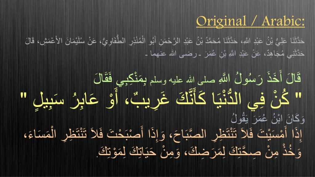 حَدَّثَنَا عَلِيُّ بْنُ عَبْدِ اللَّهِ ، 
حَدَّثَنَا مُحَمَّدُ بْنُ عَبْدِ الرَّحْمَنِ أَبُو المُنْذِرِ الطُّفَاوِيُّ ، عَنْ سُلَيْمَانَ الْأَعْمَشِ ، قَالَ : حَدَّثَنِي مُجَاهِدٌ ، عَنْ عَبْدِ اللَّهِ بْنِ عُمَرَ رَضِيَ اللَّهُ عَنْهُمَا ، قَالَ :
 أَخَذَ رَسُولُ اللَّهِ صَلَّى اللَّهُ عَلَيْهِ وَسَلَّمَ بِمَنْكِبِي ، فَقَالَ : 
كُنْ فِي الدُّنْيَا كَأَنَّكَ غَرِيبٌ ، أَوْ عَابِرُ سَبِيلٍ ،
 وَكَانَ ابْنُ عُمَرَ يَقُولُ :
 إِذَا أَمْسَيْتَ فَلَا تَنْتَظِرِ الصَّبَاحَ ،
 وَإِذَا أَصْبَحْتَ فَلَا تَنْتَظِرِ الْمَسَاءَ ،
 وَخُذْ مِنْ صِحَّتِكَ لِمَرَضِكَ وَمِنْ حَيَاتِكَ لِمَوْتِكَ 