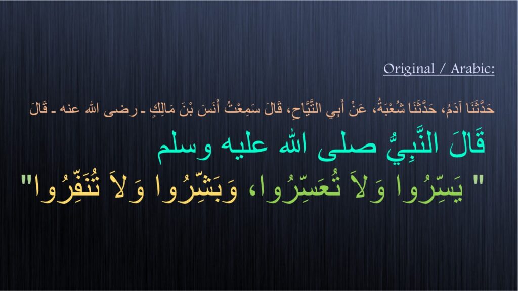 حَدَّثَنَا آدَمُ، حَدَّثَنَا شُعْبَةُ، عَنْ أَبِي التَّيَّاحِ، قَالَ سَمِعْتُ أَنَسَ بْنَ مَالِكٍ ـ رضى الله عنه ـ قَالَ
 قَالَ النَّبِيُّ صلى الله عليه وسلم ‏
 "‏ يَسِّرُوا وَلاَ تُعَسِّرُوا، وَبَشِّرُوا وَلاَ تُنَفِّرُوا‏"