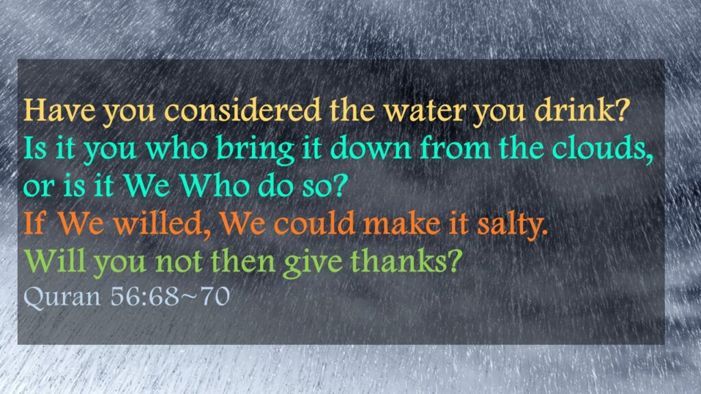 Have you considered the water you drink?Is it you who bring it down from the clouds, or is it We Who do so?If We willed, We could make it salty. Will you not then give thanks?Quran 56:68~70
