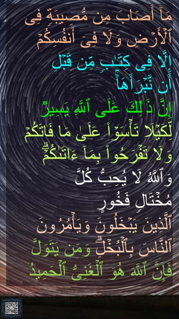 مَاۤ أَصَابَ مِن مُّصِیبَةࣲ فِی ٱلۡأَرۡضِ وَلَا فِیۤ أَنفُسِكُمۡ 
إِلَّا فِی كِتَـٰبࣲ مِّن قَبۡلِ 
أَن نَّبۡرَأَهَاۤۚ 
إِنَّ ذَ ٰلِكَ عَلَى ٱللَّهِ یَسِیرࣱ 
لِّكَیۡلَا تَأۡسَوۡا۟ عَلَىٰ مَا فَاتَكُمۡ وَلَا تَفۡرَحُوا۟ بِمَاۤ ءَاتَىٰكُمۡۗ 
وَٱللَّهُ لَا یُحِبُّ كُلَّ 
مُخۡتَالࣲ فَخُورٍ 
ٱلَّذِینَ یَبۡخَلُونَ وَیَأۡمُرُونَ ٱلنَّاسَ بِٱلۡبُخۡلِۗ وَمَن یَتَوَلَّ فَإِنَّ ٱللَّهَ هُوَ ٱلۡغَنِیُّ ٱلۡحَمِیدُ
