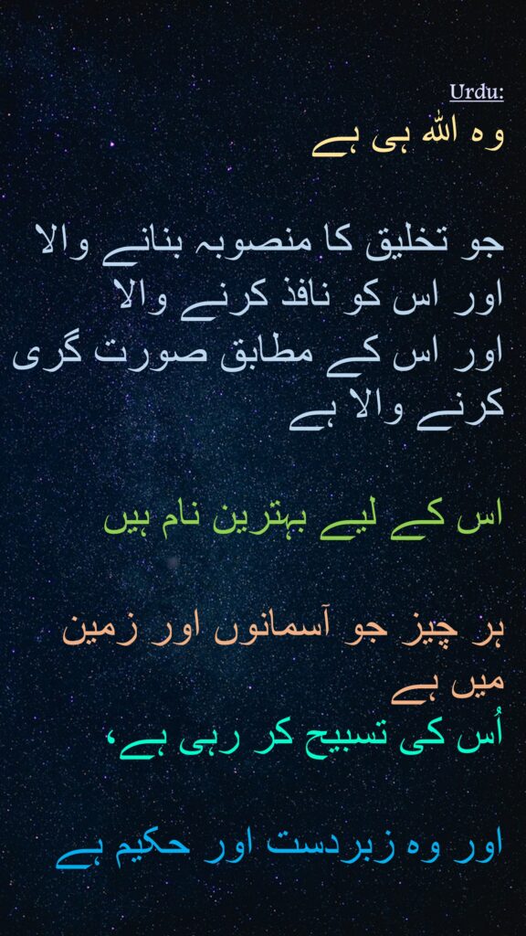 وہ اللہ ہی ہے 

جو تخلیق کا منصوبہ بنانے والا 
اور اس کو نافذ کرنے والا 
اور اس کے مطابق صورت گری کرنے والا ہے 

اس کے لیے بہترین نام ہیں
 
ہر چیز جو آسمانوں اور زمین میں ہے
اُس کی تسبیح کر رہی ہے، 

اور وہ زبردست اور حکیم ہے 
