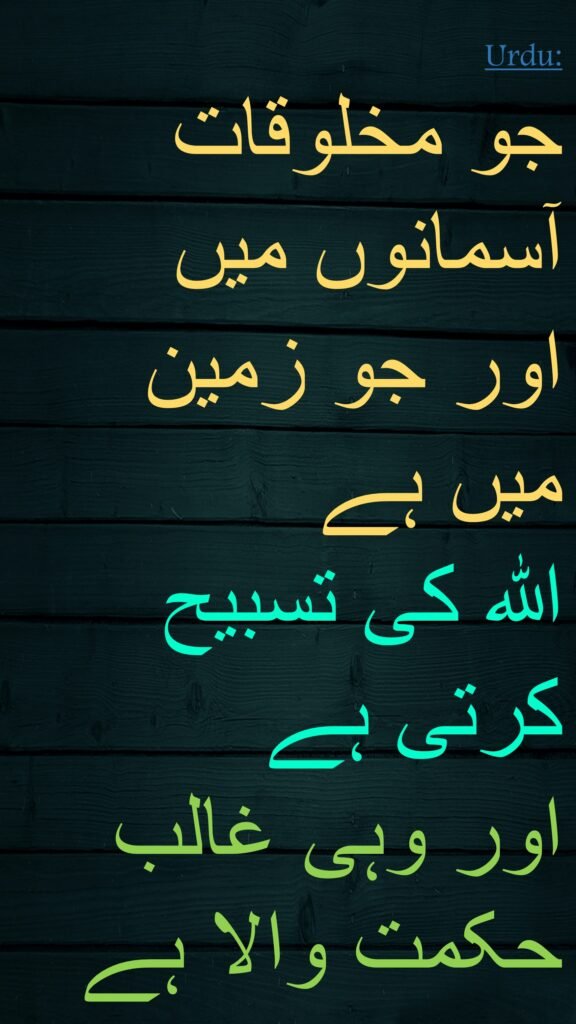 جو مخلوقات آسمانوں میں
اور جو زمین میں ہے 
الله کی تسبیح کرتی ہے 
اور وہی غالب حکمت والا ہے 
