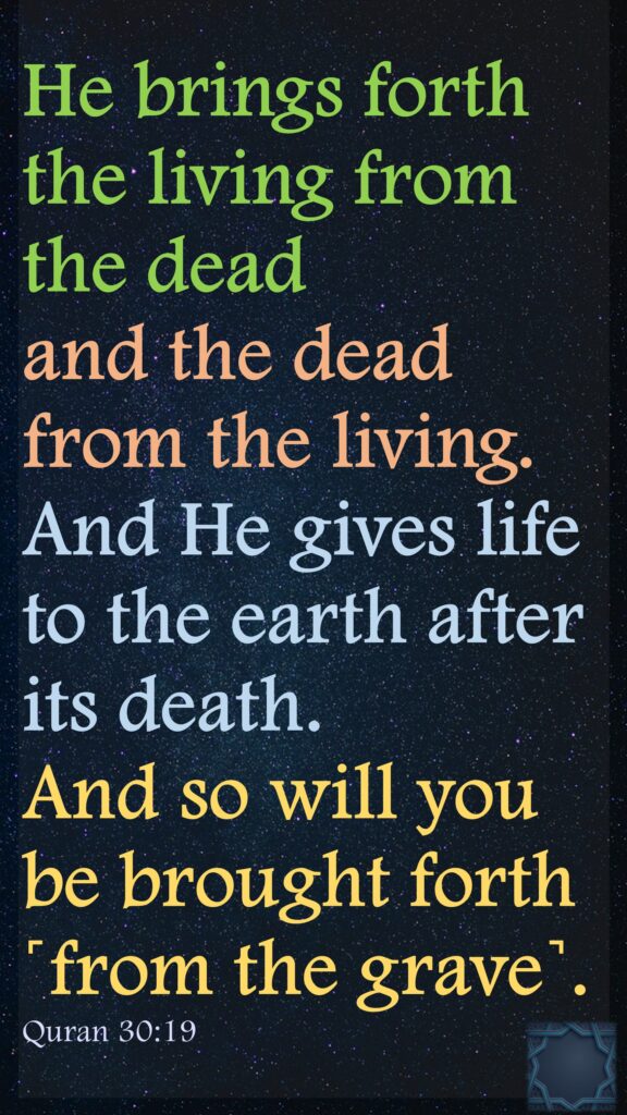 He brings forth the living from the dead and the dead from the living. And He gives life to the earth after its death. And so will you be brought forth ˹from the grave˺.Quran 30:19