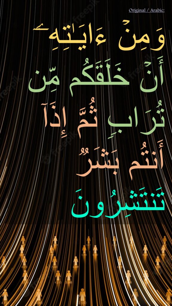 وَمِنۡ ءَایَـٰتِهِۦۤ أَنۡ خَلَقَكُم مِّن تُرَابࣲ ثُمَّ إِذَاۤ أَنتُم بَشَرࣱ تَنتَشِرُونَ
