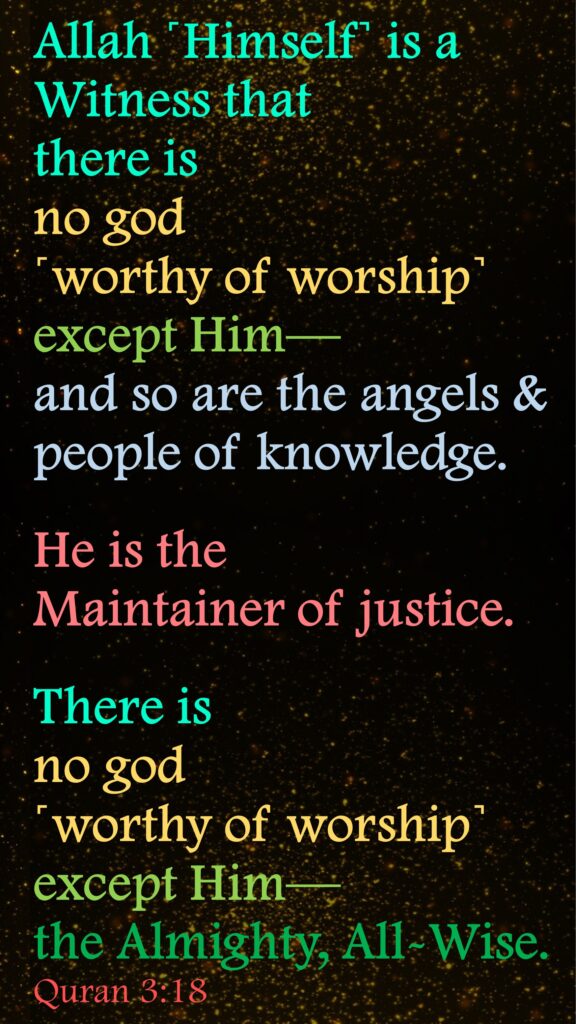 Allah ˹Himself˺ is a Witness that there is no god ˹worthy of worship˺ except Him—and so are the angels & people of knowledge. He is the Maintainer of justice. There is no god ˹worthy of worship˺ except Him—the Almighty, All-Wise. Quran 3:18