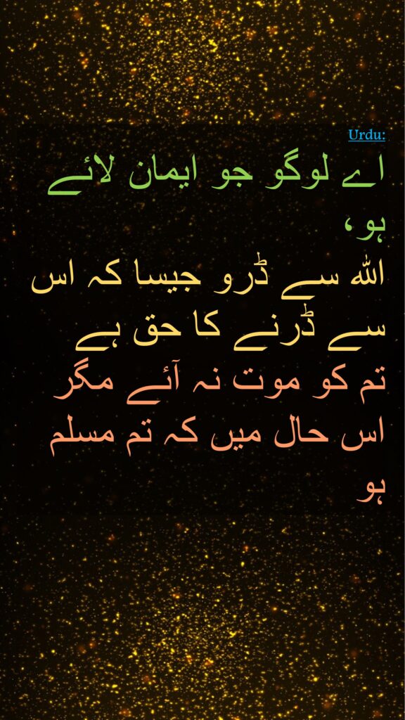 اے لوگو جو ایمان لائے ہو، 
اللہ سے ڈرو جیسا کہ اس سے ڈرنے کا حق ہے 
تم کو موت نہ آئے مگر اس حال میں کہ تم مسلم ہو 
