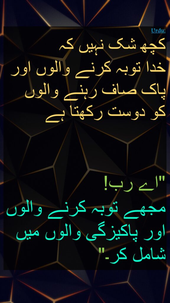 کچھ شک نہیں کہ 
خدا توبہ کرنے والوں اور پاک صاف رہنے والوں کو دوست رکھتا ہے


"اے رب! 
مجھے توبہ کرنے والوں اور پاکیزگی والوں میں شامل کر۔"
