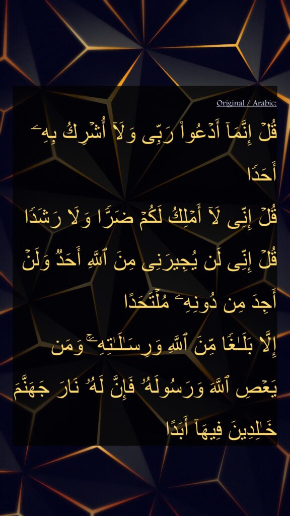 قُلۡ إِنَّمَاۤ أَدۡعُوا۟ رَبِّی وَلَاۤ أُشۡرِكُ بِهِۦۤ أَحَدࣰا
قُلۡ إِنِّی لَاۤ أَمۡلِكُ لَكُمۡ ضَرࣰّا وَلَا رَشَدࣰا
قُلۡ إِنِّی لَن یُجِیرَنِی مِنَ ٱللَّهِ أَحَدࣱ وَلَنۡ أَجِدَ مِن دُونِهِۦ مُلۡتَحَدًا
إِلَّا بَلَـٰغࣰا مِّنَ ٱللَّهِ وَرِسَـٰلَـٰتِهِۦۚ وَمَن یَعۡصِ ٱللَّهَ وَرَسُولَهُۥ فَإِنَّ لَهُۥ نَارَ جَهَنَّمَ خَـٰلِدِینَ فِیهَاۤ أَبَدًا
