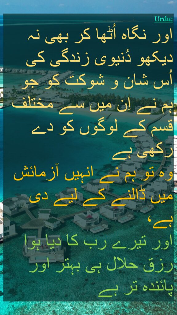 اور نگاہ اُٹھا کر بھی نہ دیکھو دُنیوی زندگی کی اُس شان و شوکت کو جو ہم نے اِن میں سے مختلف قسم کے لوگوں کو دے رکھی ہے 
وہ تو ہم نے انہیں آزمائش میں ڈالنے کے لیے دی ہے، 
اور تیرے رب کا دیا ہوا رزق حلال ہی بہتر اور پائندہ تر ہے
