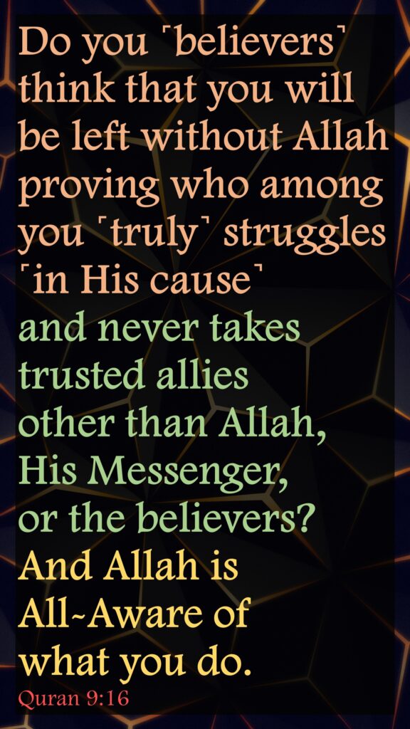 Do you ˹believers˺ think that you will be left without Allah proving who among you ˹truly˺ struggles ˹in His cause˺ and never takes trusted allies other than Allah, His Messenger, or the believers? And Allah is All-Aware of what you do.Quran 9:16