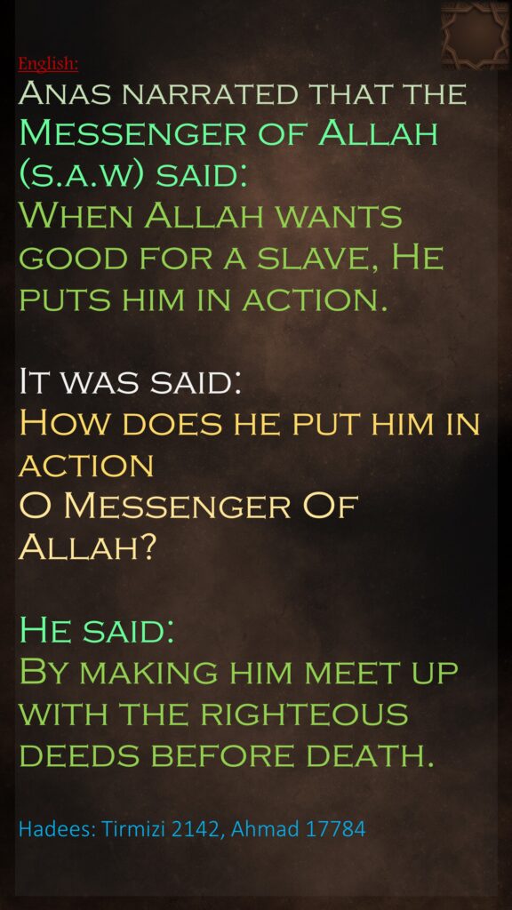 English:‏‏‏‏‏‏‏‏‏‏‏‏Anas narrated that the Messenger of Allah (s.a.w) said:When Allah wants good for a slave, He puts him in action. It was said: How does he put him in action O Messenger Of Allah? He said: By making him meet up with the righteous deeds before death. ‏‏Hadees: Tirmizi 2142, Ahmad 17784