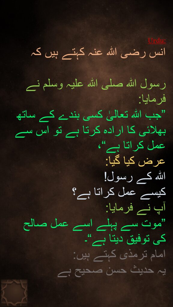 انس رضی الله عنہ کہتے ہیں کہ   

رسول اللہ صلی اللہ علیہ وسلم نے فرمایا: 
”جب اللہ تعالیٰ کسی بندے کے ساتھ بھلائی کا ارادہ کرتا ہے تو اس سے عمل کراتا ہے“، 
عرض کیا گیا: 
اللہ کے رسول! 
کیسے عمل کراتا ہے؟ 
آپ نے فرمایا: 
”موت سے پہلے اسے عمل صالح کی توفیق دیتا ہے“۔ 
امام ترمذی کہتے ہیں: 
یہ حدیث حسن صحیح ہے