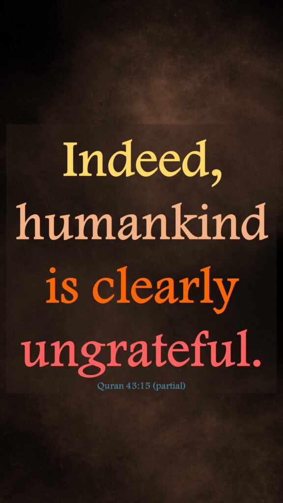 Indeed, humankind is clearly ungrateful.Quran 43:15 (partial)