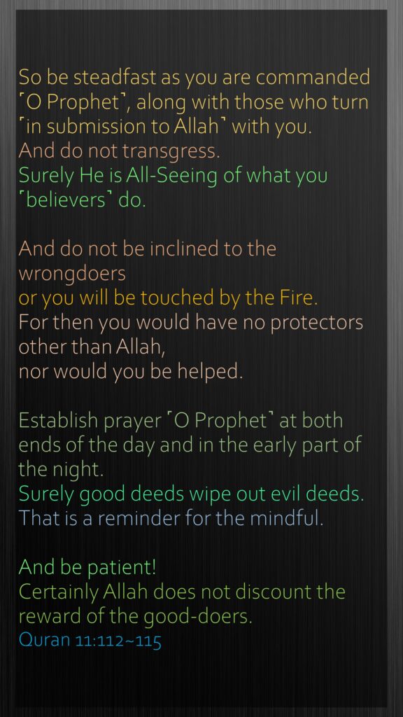 So be steadfast as you are commanded ˹O Prophet˺, along with those who turn ˹in submission to Allah˺ with you. And do not transgress. Surely He is All-Seeing of what you ˹believers˺ do.And do not be inclined to the wrongdoers or you will be touched by the Fire. For then you would have no protectors other than Allah, nor would you be helped.Establish prayer ˹O Prophet˺ at both ends of the day and in the early part of the night. Surely good deeds wipe out evil deeds. That is a reminder for the mindful.And be patient! Certainly Allah does not discount the reward of the good-doers.Quran 11:112~115