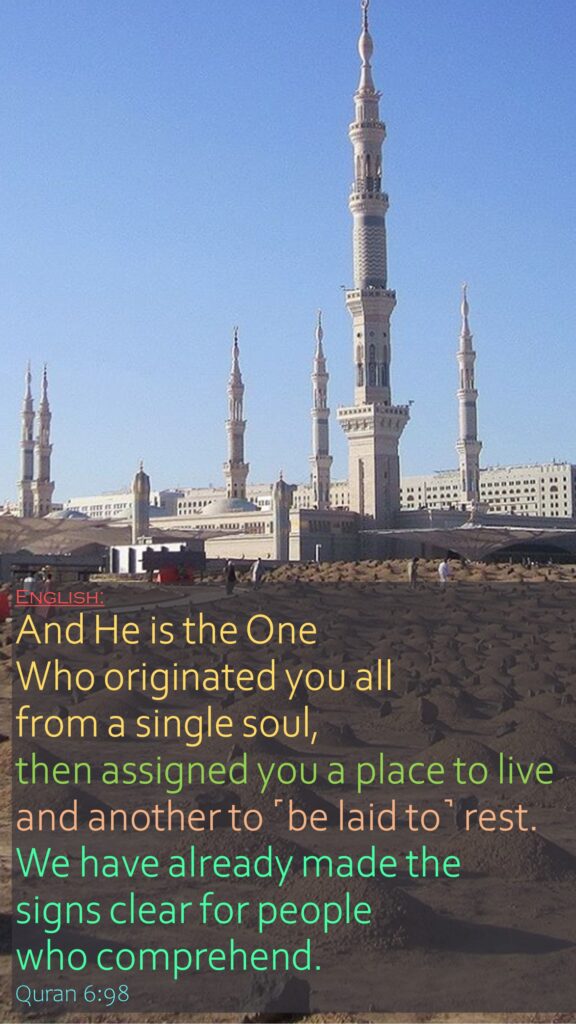 And He is the One Who originated you all from a single soul, then assigned you a place to live and another to ˹be laid to˺ rest. We have already made the signs clear for people who comprehend.Quran 6:98