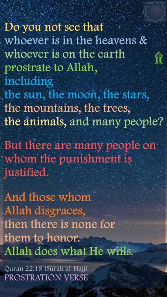 Do you not see that whoever is in the heavens & whoever is on the earth prostrate to Allah, including the sun, the moon, the stars, the mountains, the trees, the animals, and many people? But there are many people on whom the punishment is justified. And those whom Allah disgraces, then there is none for them to honor. Allah does what He wills.Quran 22:18 (Surah al-Hajj)PROSTRATION VERSE