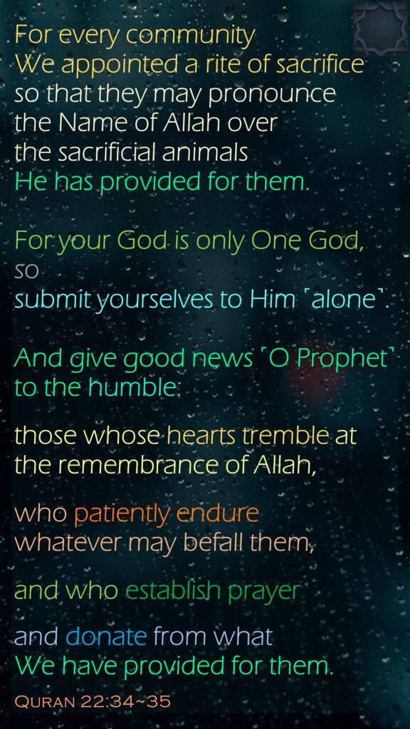 For every community We appointed a rite of sacrifice so that they may pronounce the Name of Allah over the sacrificial animals He has provided for them. For your God is only One God, so submit yourselves to Him ˹alone˺. And give good news ˹O Prophet˺ to the humble:those whose hearts tremble at the remembrance of Allah, who patiently endure whatever may befall them, and who establish prayer and donate from what We have provided for them.Quran 22:34~35