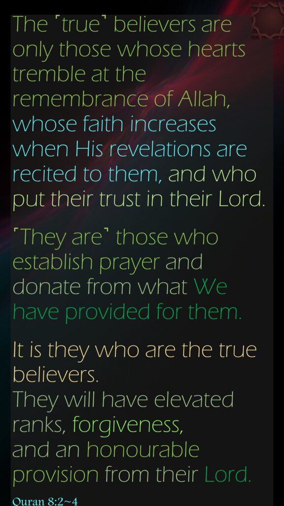 The ˹true˺ believers are only those whose hearts tremble at the remembrance of Allah, whose faith increases when His revelations are recited to them, and who put their trust in their Lord.˹They are˺ those who establish prayer and donate from what We have provided for them.It is they who are the true believers. They will have elevated ranks, forgiveness, and an honourable provision from their Lord.Quran 8:2~4