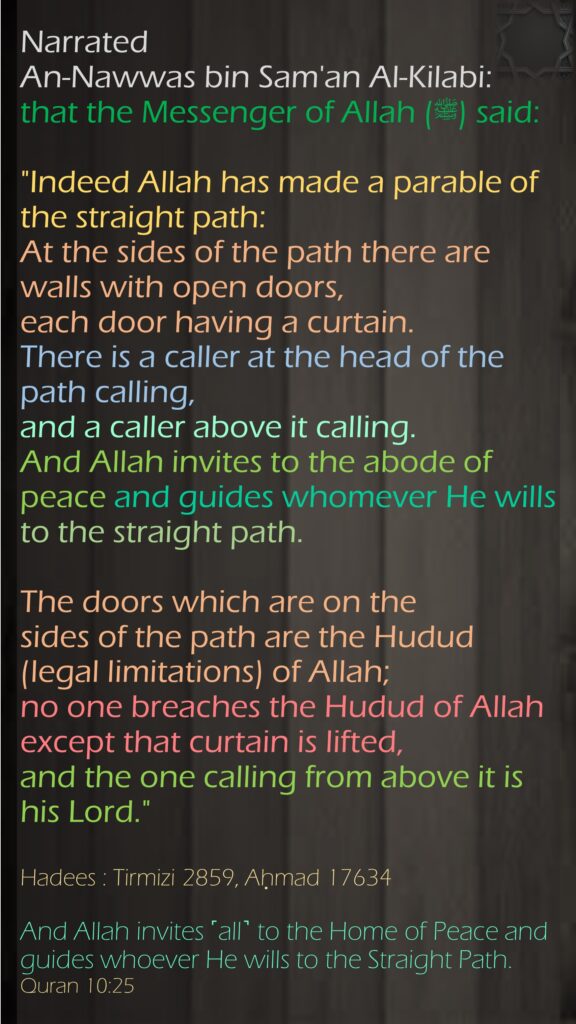 Narrated An-Nawwas bin Sam'an Al-Kilabi:that the Messenger of Allah (ﷺ) said:"Indeed Allah has made a parable of the straight path: At the sides of the path there are walls with open doors, each door having a curtain. There is a caller at the head of the path calling, and a caller above it calling. And Allah invites to the abode of peace and guides whomever He wills to the straight path. The doors which are on the sides of the path are the Hudud (legal limitations) of Allah; no one breaches the Hudud of Allah except that curtain is lifted, and the one calling from above it is his Lord."Hadees : Tirmizi 2859, Aḥmad 17634And Allah invites ˹all˺ to the Home of Peace and guides whoever He wills to the Straight Path. Quran 10:25
