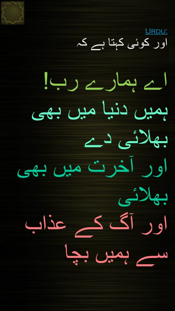 اور کوئی کہتا ہے کہ 

اے ہمارے رب! 
ہمیں دنیا میں بھی 
بھلائی دے 
اور آخرت میں بھی 
بھلائی 
اور آگ کے عذاب 
سے ہمیں بچا
