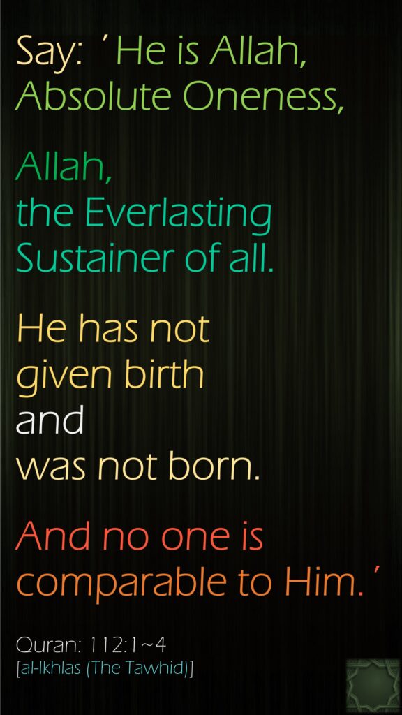 Say: ´He is Allah, Absolute Oneness,Allah, the Everlasting Sustainer of all.He has not given birth and was not born.And no one is comparable to Him.´Quran: 112:1~4[al-Ikhlas (The Tawhid)]