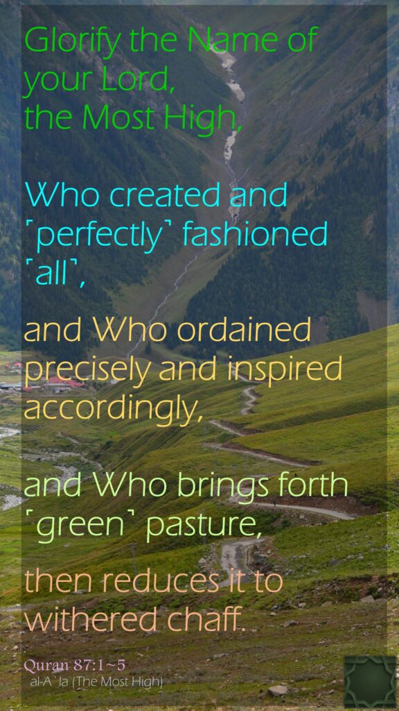 Glorify the Name of your Lord, the Most High,Who created and ˹perfectly˺ fashioned ˹all˺,and Who ordained precisely and inspired accordingly,and Who brings forth ˹green˺ pasture,then reduces it to withered chaff..Quran 87:1~5  al-A`la (The Most High)