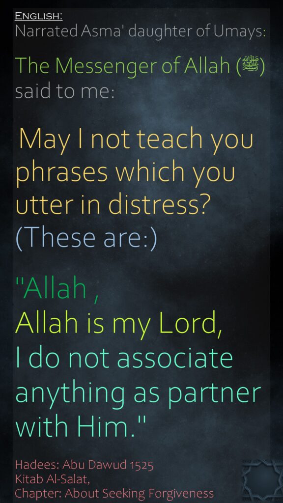 Narrated Asma' daughter of Umays:The Messenger of Allah (ﷺ) said to me: May I not teach you phrases which you utter in distress? (These are:) "Allah , Allah is my Lord, I do not associate anything as partner with Him."Hadees: Abu Dawud 1525Kitab Al-Salat, Chapter: About Seeking Forgiveness